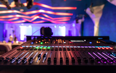 Fototapeta na wymiar Close up, sound music mixer control panel on blurred background.