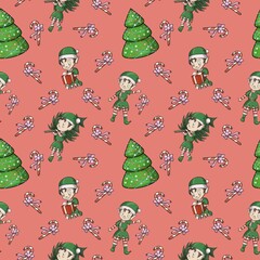 Cute little elf, Santa's helper, Christmas tree and holiday sweets, seamless pattern