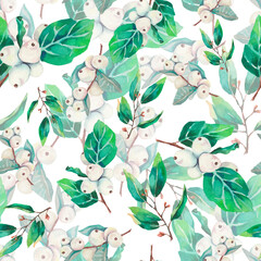 Winter flowers and green leafs. Winter branch. Watercolor botanical pattern. Winter print. Floral design for wrappig papper, gifts, fabric and home decoration. Colorful design with hand drawn elements
