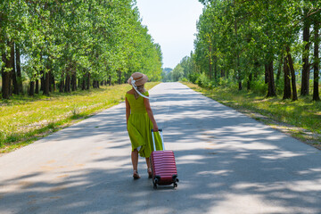 girl in a green dress on the road with a suitcase