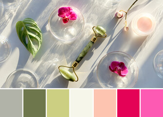 Color matching palette from image of jade stone face roller with monstera leaf, orchid flowers and glass baubles. Pink moisturizer cream in jar.