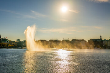 Hamburg, Germany. The Inner Alster Lake (German: Binnenalster) with sunlit fountain.