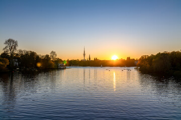 Fototapeta na wymiar Hamburg, Germany. The Lake Alster at sunset.
