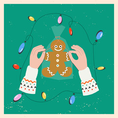 Packing Christmas gingerbread man. Christmas and New Year traditions concept.