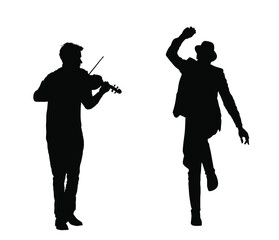 Man playing violin, czardas dancer folklore dance vector silhouette illustration isolated on white. Classic music performer. Musician artist amusement public. Violin virtuoso play string instrument. 
