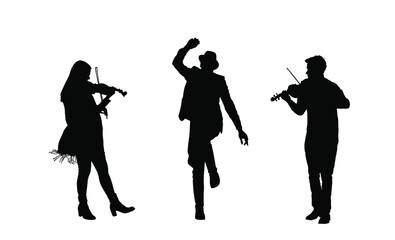 Couple of musician artist playing violin for czardas dancers. Folklore wedding dance vector silhouette illustration isolated. Classic music performers amusement public. Violin play string instrument.