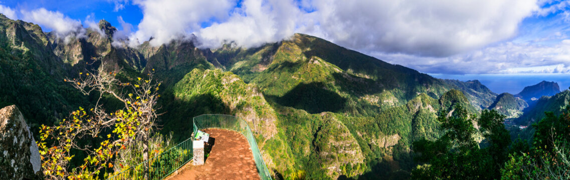 Portugal Madeira island hiking trail Vereda dos Balcoes viewpoint. High resolution 15K wide format for wall print forest mountains scenery Ribeiro Frio
