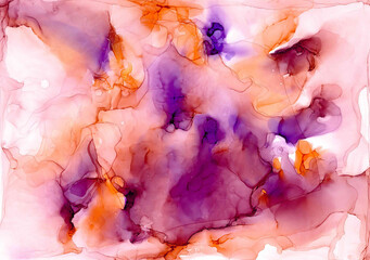 Bright colorful floral pattern in orange-violet gradient with burgundy spots. Trendy watercolor wallpaper in fluid art technique. Rounded fluffy clouds and abstract semi transparent aerial splashes.