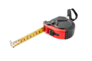 Black construction tape, length measurement tool close-up. Isolated on a white background.