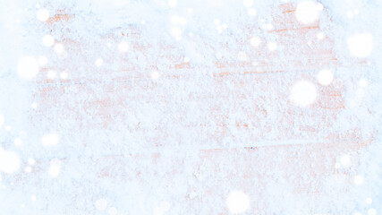Table snow. Winter wooden texture background. Christmas board with old rustic wood wall, white frozen ice. Merry Christmas holiday card pattern.