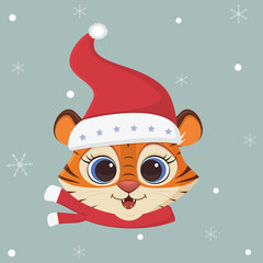 Happy New Year and Merry Christmas. Year of the tiger 2022. Cute tiger in a Santa hat and a scarf on a background of snowflakes. Cartoon, flat style, vector