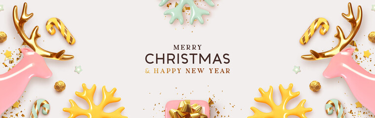 Fototapeta Banner Merry Christmas and Happy New Year gift card. Xmas Holiday Background. Realistic 3d design, gift boxes, Christmas pink deer, decorative snowflakes and candies. Gold confetti. Vector illustrator obraz