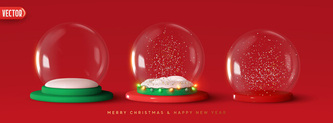 Set of Glass snow globe Christmas decorative design. Podium under transparent glass dome with white snowdrift, and glow garland. Xmas red round scene. Red and white Studio. Stand for Promotion Product
