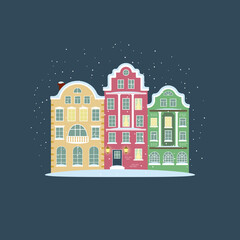 Obraz na płótnie Canvas Cozy old houses on a snowy night. Flat design.