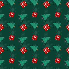  Christmas theme repeat pattern created with elements like Christmas tree and re present box, Hand drawn vector repeat pattern for textile, fabric, gift wrapper, packaging and web backdrop.