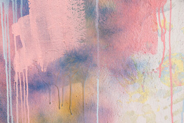 Abstract pastel pink, blue, white painter plastered wall background with colorful drips, flows,...