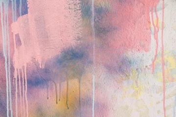 Gartenposter Abstract pastel pink, blue, white painter plastered wall background with colorful drips, flows, streaks of paint and paint sprays © vejaa