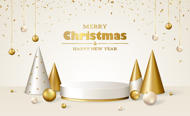 Christmas 3d scene with white and gold podium platform, Christmas fir trees and balls, confetti.