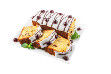 Christmas baked cherry cake in a dish isolated on white background. Winter holiday dessert