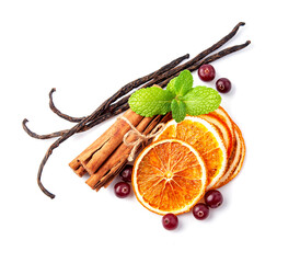 Mulled wine ingredients.Dried oranges with cinnamon and vanilla sticks
