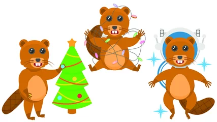 Fotobehang Set Abstract Collection Flat Cartoon  Different Animal Beavers Tangled In A Garland, Decorates The Christmas Tree, Astronaut In Helmet Vector Design Style Elements Fauna Wildlife © Дмитрий
