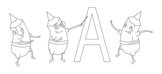 Funny cartoon pencils and letter A