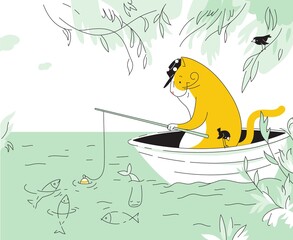 Funny cat fisherman catches fish while sitting in the boat.