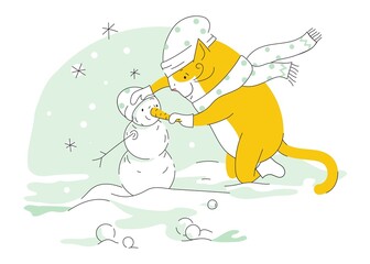  Funny cat sculpts a snowman