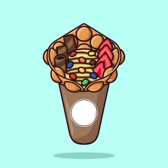 Ice Cream Bubble Waffle Cone with candy, wafer sticks and strawberry slices Cartoon Vector Illustration