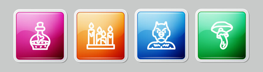 Set line Bottle with potion, Burning candle, Krampus, heck and Psilocybin mushroom. Colorful square button. Vector