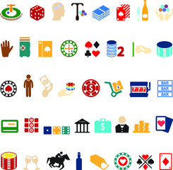 casino icons in color on a white surface. Dice, roulette...