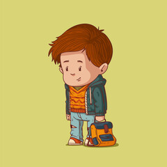 Kawaii vector illustration of a schoolboy tired after boring lessons. Cute little boy wearing trendy clothes draging a schoolbag on his way home. Child character, hipster kid