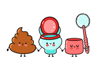 Cute, funny happy turd, toilet and  toilet brush character. Vector hand drawn cartoon kawaii characters, illustration icon. Funny cartoon turd, toilet and  toilet brush friends concept