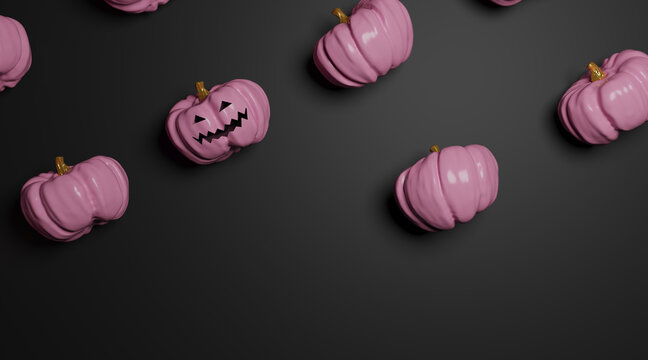 horizontal image concept of halloween pink glamorous pumpkin, top view on black background with place for design