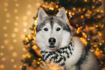 siberian husky dog in scarf on new year scene © Anna Darahan