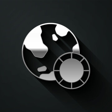 Silver Casino chips icon isolated on black background. Casino gambling. Long shadow style. Vector