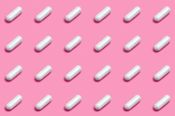 Pharmacy market drugstore concept. Pills and vitamins pattern on a blank minimal background. Medicines, antibiotics, dietary supplements, multivitamins concept.