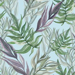 Watercolor botanical pattern leaves on blue background