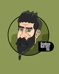 Hipster black hear beard with gold beard accesorie and green eyes rocker barber shop cartoon illustration vector