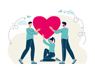 Volunteering abstract concept flat vector illustration. Team volunteers support, protection, help, and sharing hope. Care, love and good heart community support poor, homeless and elder persons.