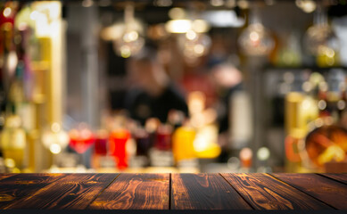 Wooden table rustic bar background. Bar and restaurant blurred background with texture old kitchen table