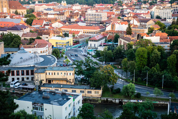 Aerial view over the city with the streets intersection: George Baritiu, Emil Isac, Cardinal Iuliu Hossu, Arany Janos and Splaiul Independentei. Cluj Napoca, Romania.