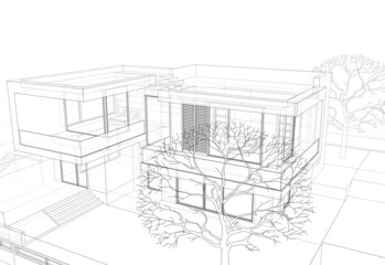 House project architecture drawing 3d illustration