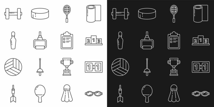 Set line Glasses for swimming, Sport mechanical scoreboard, Award over sports winner podium, Tennis racket, TPX loop training equipment, Bowling pin, Dumbbell and program icon. Vector