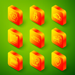 Set line Gear, Car mechanic, Speedometer, radiator cooling system, muffler, transporter truck, tire wheel and Multimeter icon. Vector