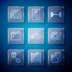 Set line Engine piston, Car radiator cooling system, Multimeter, Chassis car, Broken, battery, wash and Tire pressure gauge icon. Vector