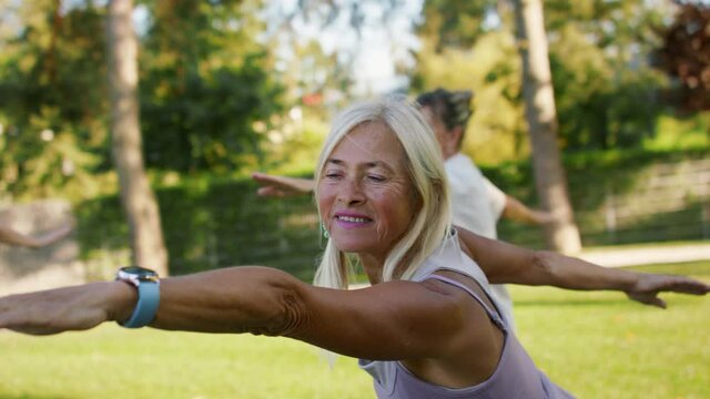 Close up of senior women friends doing exercise outdoors in park.