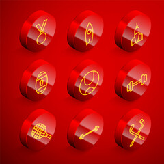 Set line Medal, Surfboard, Dart arrow, American Football ball, Tennis, Dumbbell, racket and Barbell icon. Vector