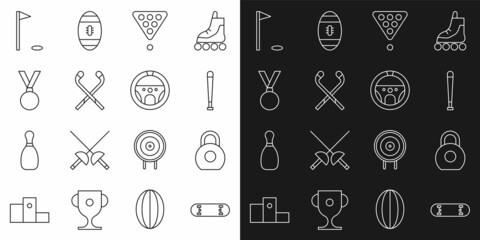 Set line Skateboard trick, Kettlebell, Baseball bat, Billiard balls in rack triangle, Ice hockey sticks, Medal, Golf flag and Steering wheel icon. Vector
