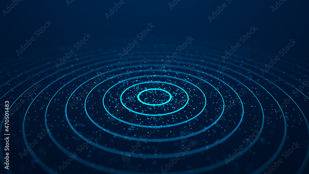 Poster Abstract blue background of points and lines. Wave of particles. Falling cyber particles. Big data stream. 3d rendering